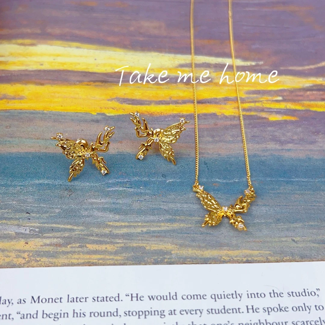 合金合成锆石耳饰 小众精致不对称金色之恋蝴蝶