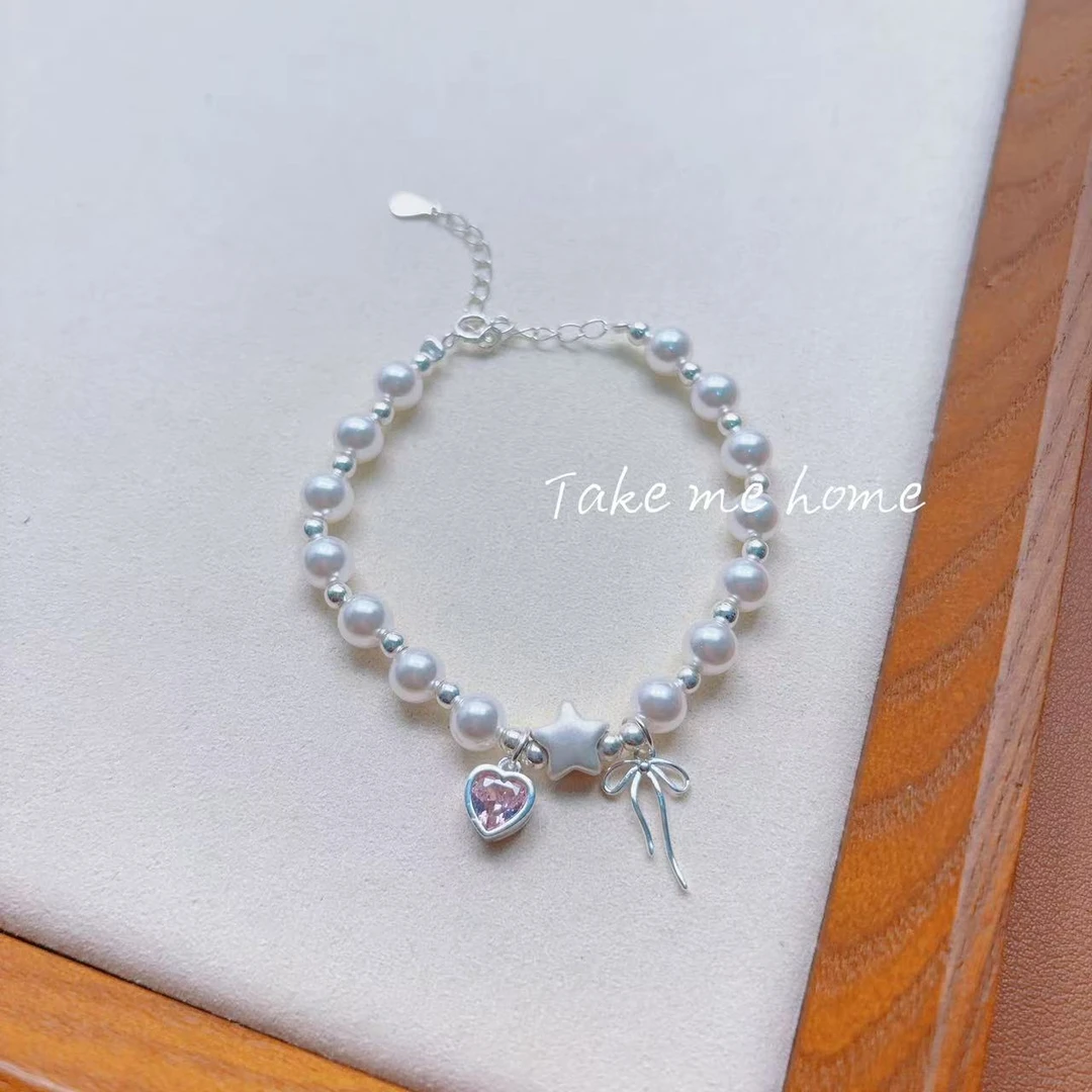 925银手链 星星蝴蝶结珠珠纯银手作手链 CYB008