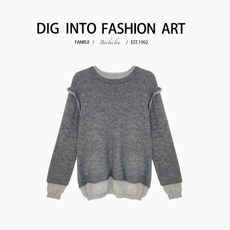 FANRUI/泛芮「月岛弥生 」拼接假两件休闲时尚宽松针织上衣B10965