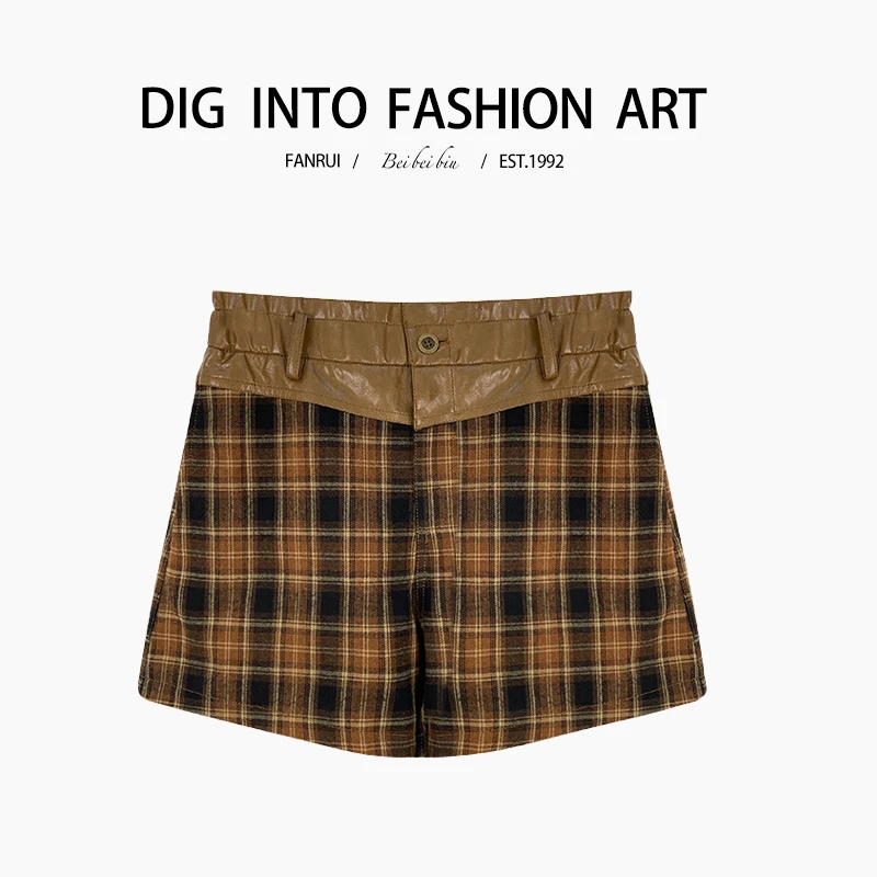 【泛芮】格子设计感气质时尚百搭显瘦高腰短裤B11138