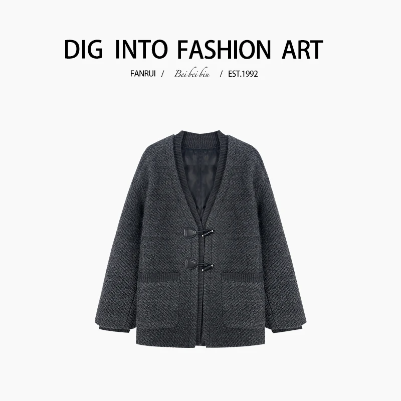 FANRUI/泛芮「淡雅气质 」雾霾灰慵懒小香风短款毛衣外套女B12885