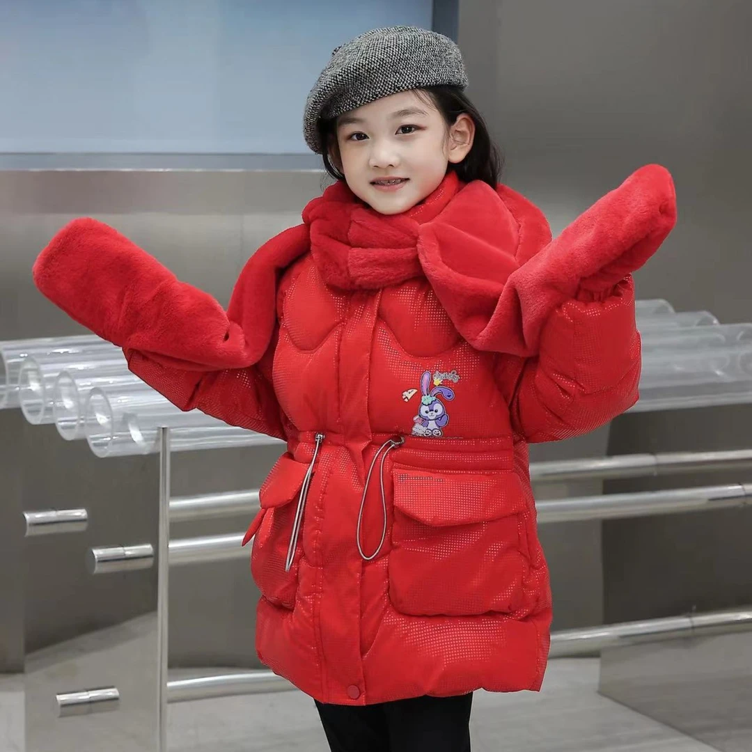 200 2024新款女童免洗加绒加厚保暖时尚中长款大红色洋气冬季棉服