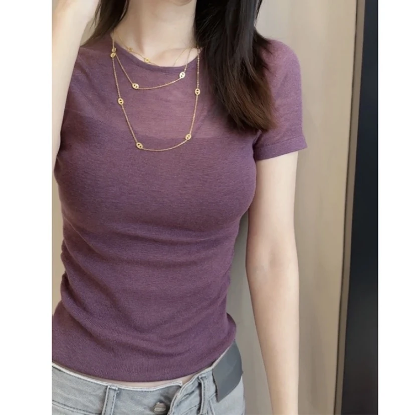 夏天夏季新款纯欲风修身显身材暗紫色薄款针织衫女圆领短袖上衣