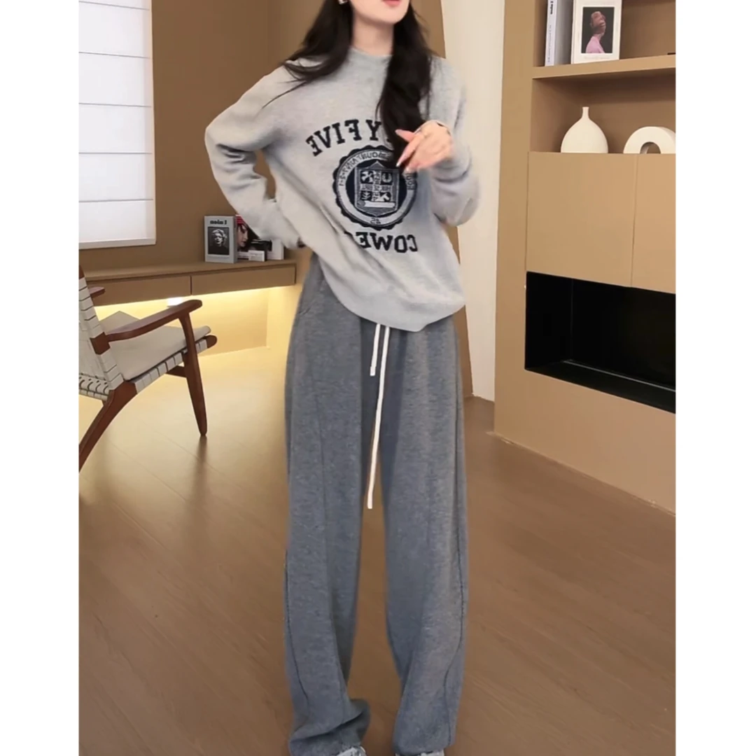 【LANFY】秋冬休闲抽绳人字纹加绒百搭直筒裤卫裤