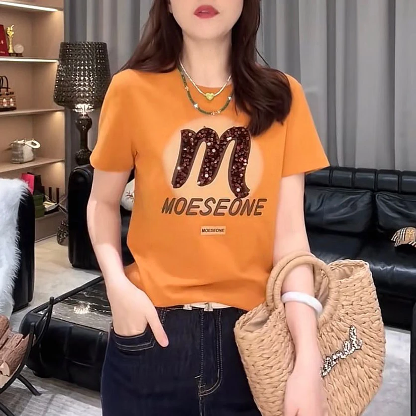 设计感m字母印花短袖t恤女2024夏季新款时尚休闲遮肚子百搭上衣