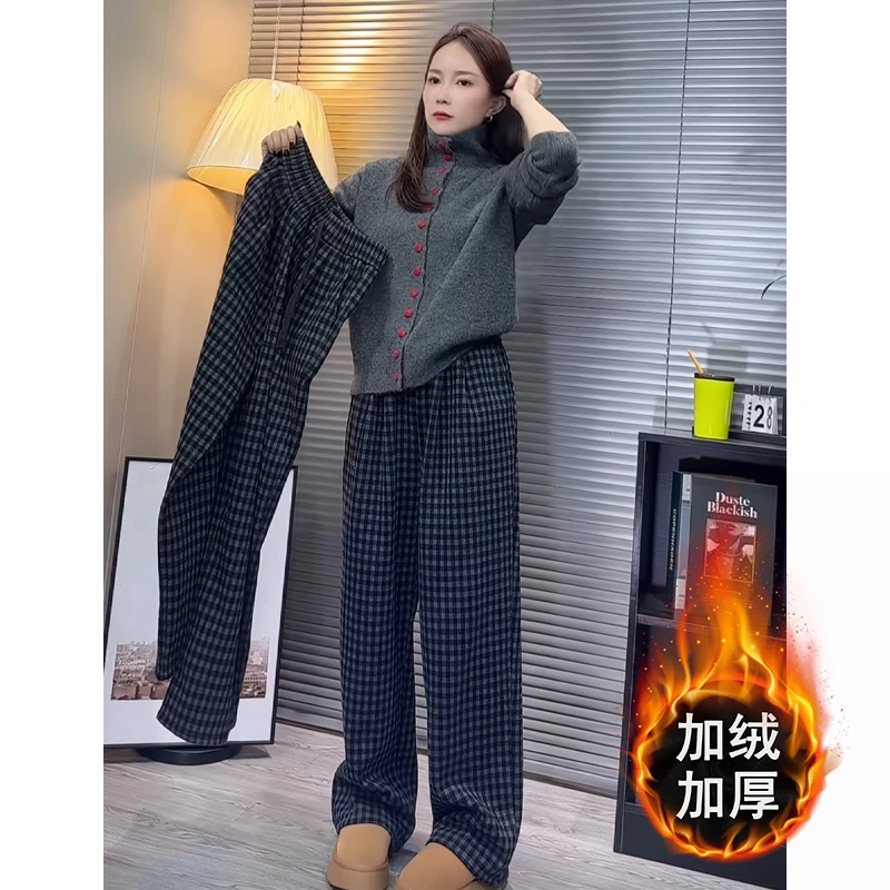复古欧货蓝色格子加绒加厚抽绳松紧腰垂弯刀休闲阔腿裤冬季爆款女