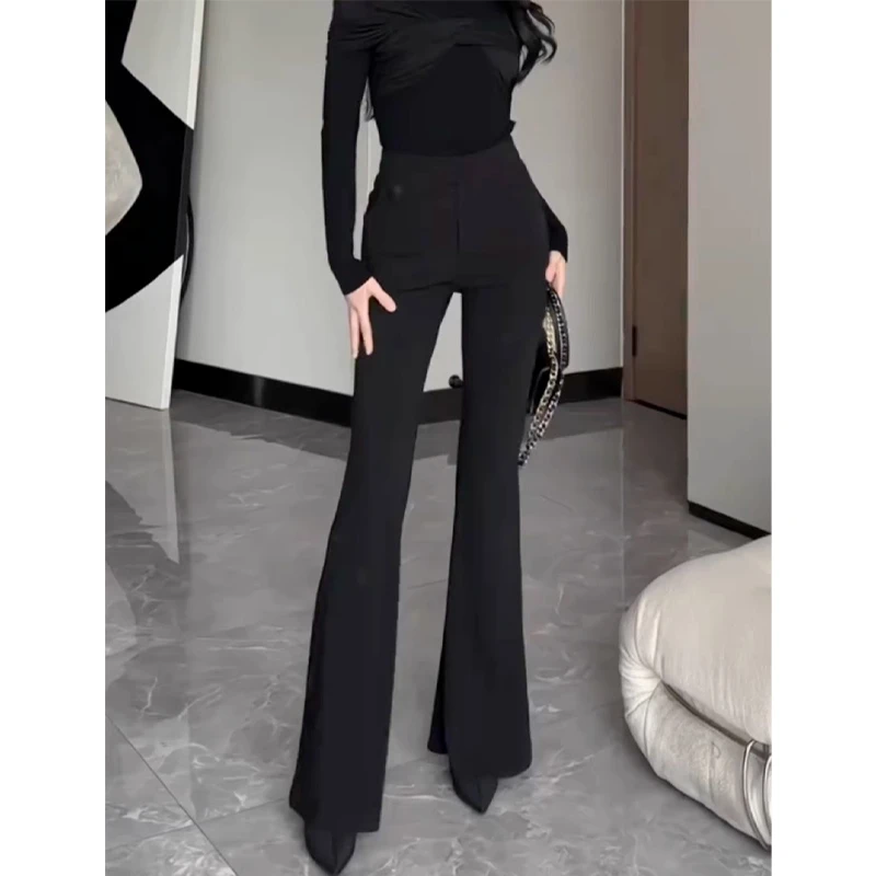 黑色微喇裤子女秋冬加绒加厚高腰显瘦弹力垂感西装喇叭裤休闲长裤