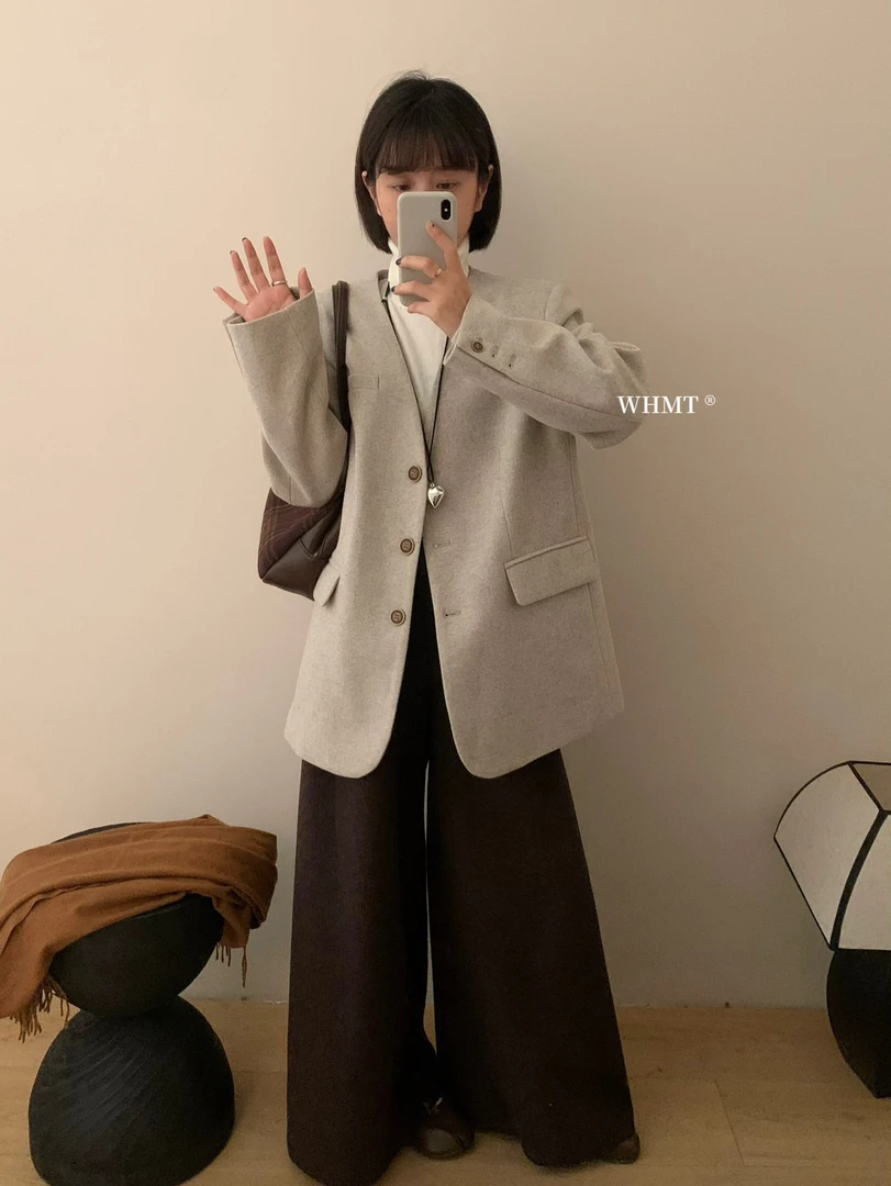 恩熙·高级感V领单排扣中长款西装外套3556