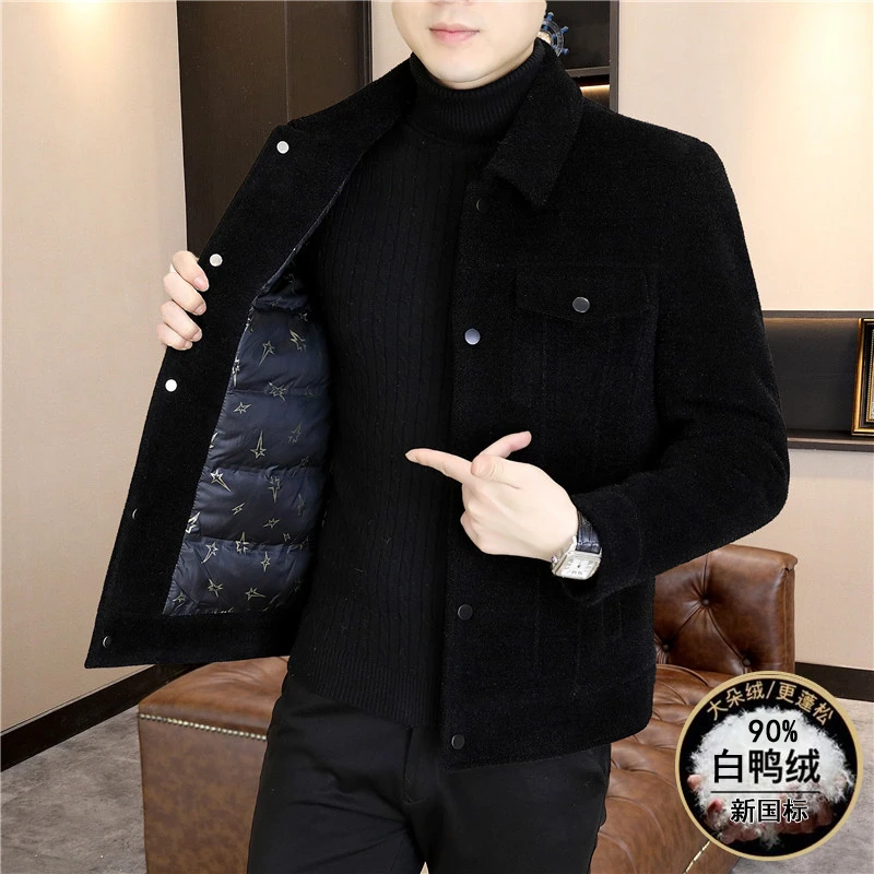 冬季新款休闲毛呢夹克外套加绒加厚翻领呢子大衣加绒男士加绒外套
