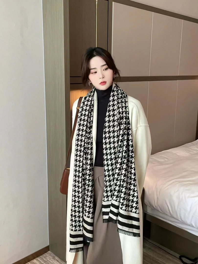 秋冬季新款千鸟格围巾女百搭韩版保暖加厚披肩两用围脖