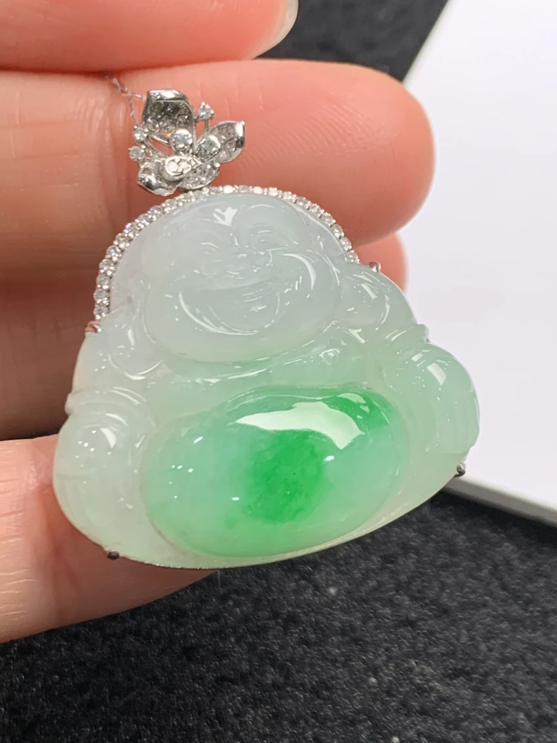 18K镶嵌缅甸A货翡翠肚里藏金佛公气质绿色时尚