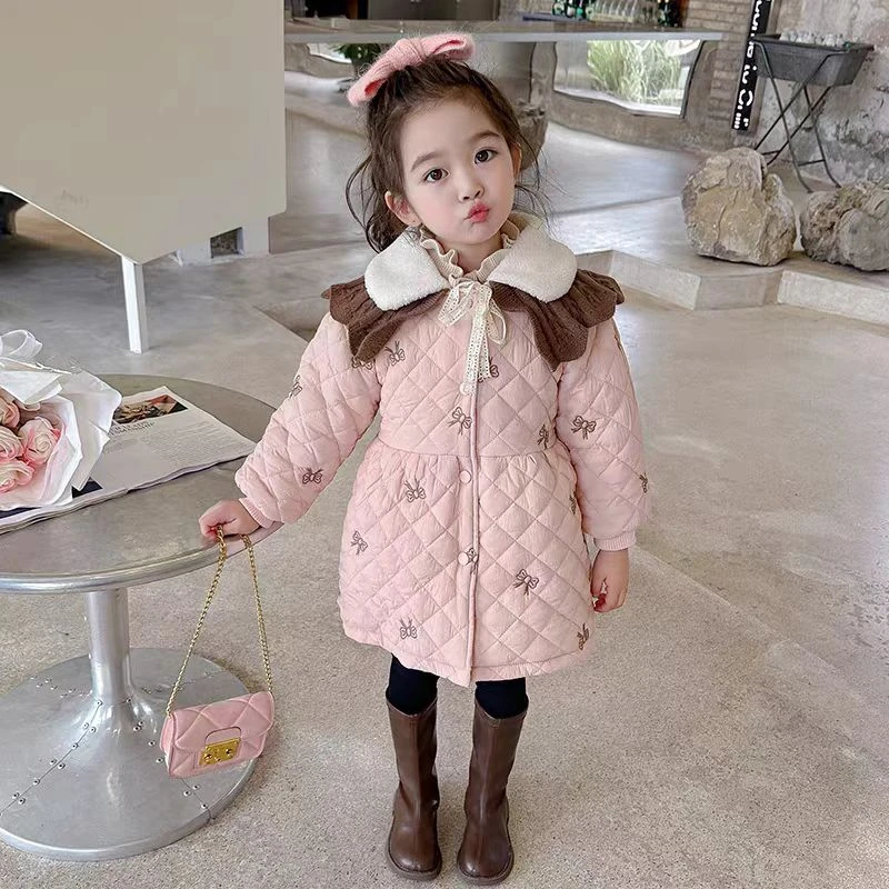 6667冬装加绒加厚棉袄新款时尚绗棉蝴蝶结刺绣双领棉衣