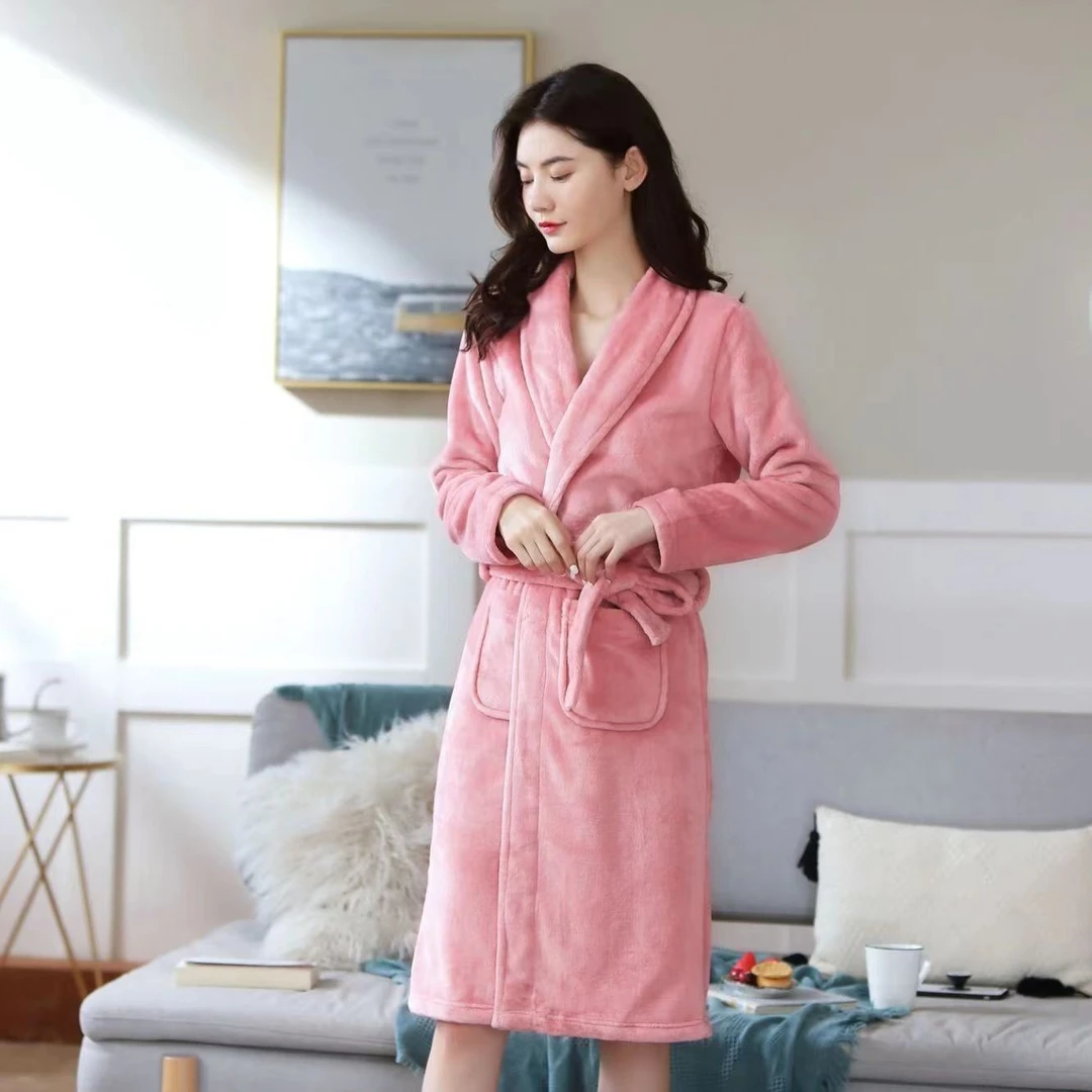 冬季法兰绒睡袍女珊瑚绒浴袍加绒长款睡衣女休闲保暖家居服睡袍女