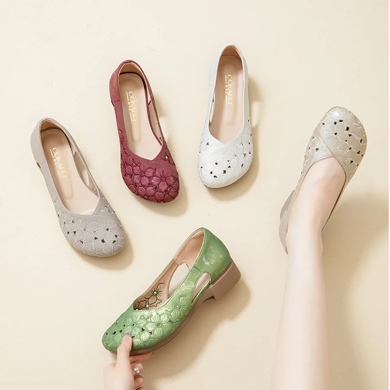 5655浅口新中式国风镂空真皮妈妈鞋舒适软底百搭女鞋时尚鞋子平跟