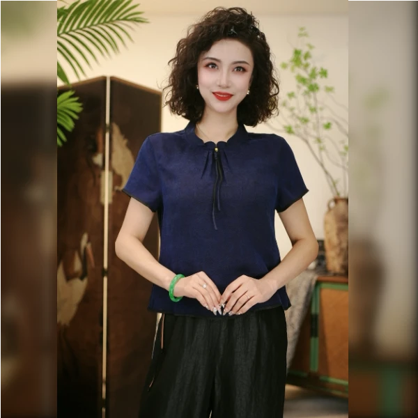 E1127 双面穿香云纱衬衫夏季中式复古暗纹提花桑蚕丝中年妈妈小衫