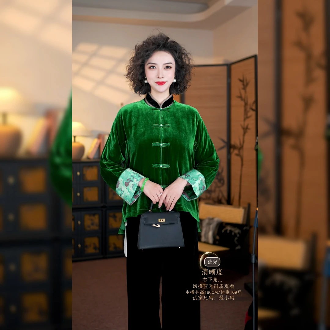 新中式国风复古黑色丝绒拼织锦袖口秋季时尚外套LYFWT0625