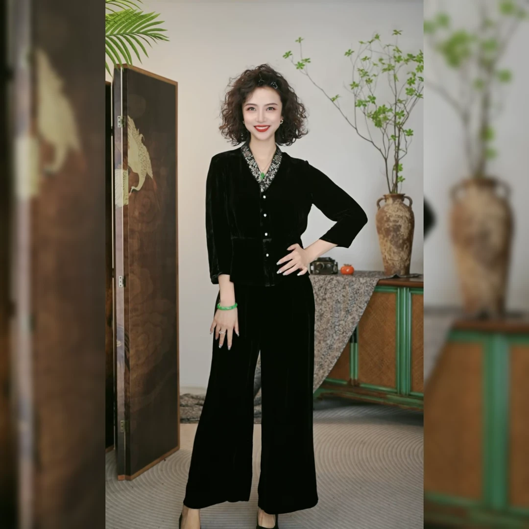 满分桑蚕丝V领刺绣真丝绒上衣外套SY1082