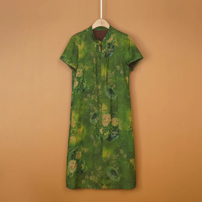 E1136 香云纱新中式改良旗袍裙绿色复古提花女裙桑蚕丝连衣裙