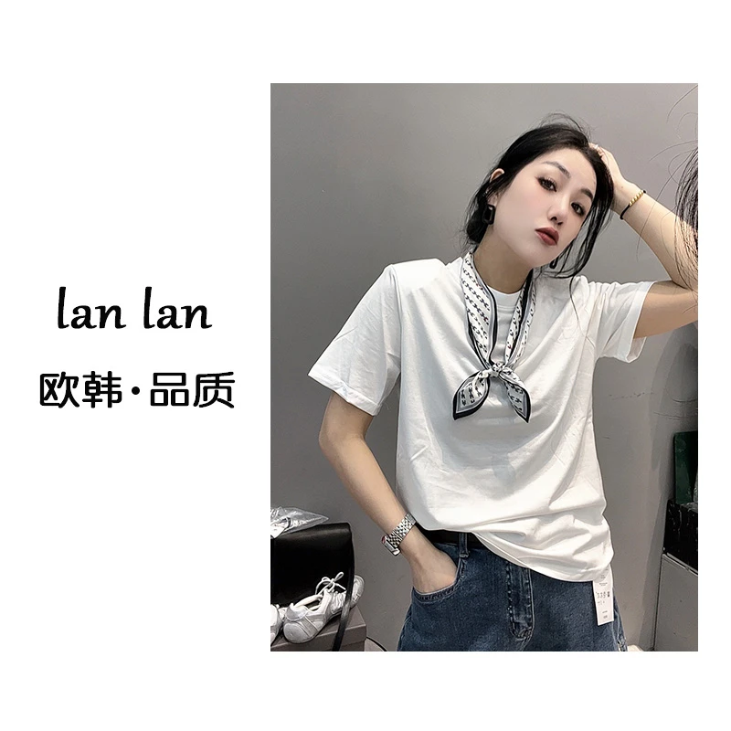 琪琪-夏上新【丝巾可拆卸】83182欧韩雪花棉T恤休闲时尚夏季短袖女
