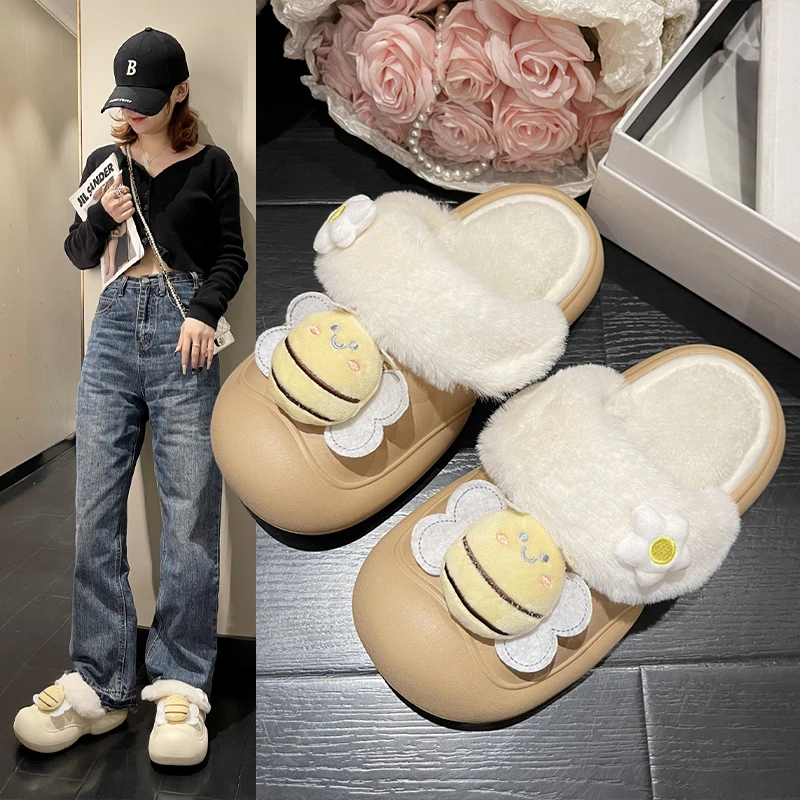 小蜜蜂棉拖鞋秋冬季防滑居家可拆卸包头保暖毛绒防水卡通拖鞋外穿