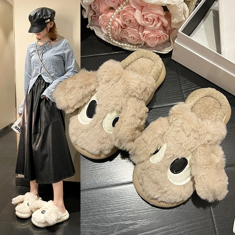 女秋冬新款厚底居家棉拖鞋包头防滑爆款网红毛毛绒可爱外穿棉鞋