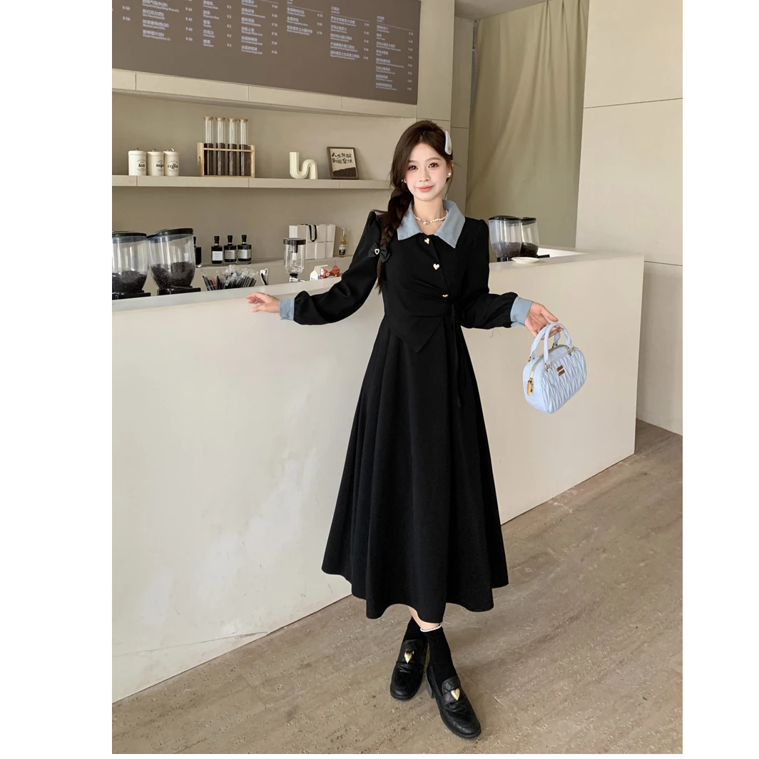 大码女装秋冬韩版拼接气质连衣裙女设计感收腰显瘦长袖裙子0852