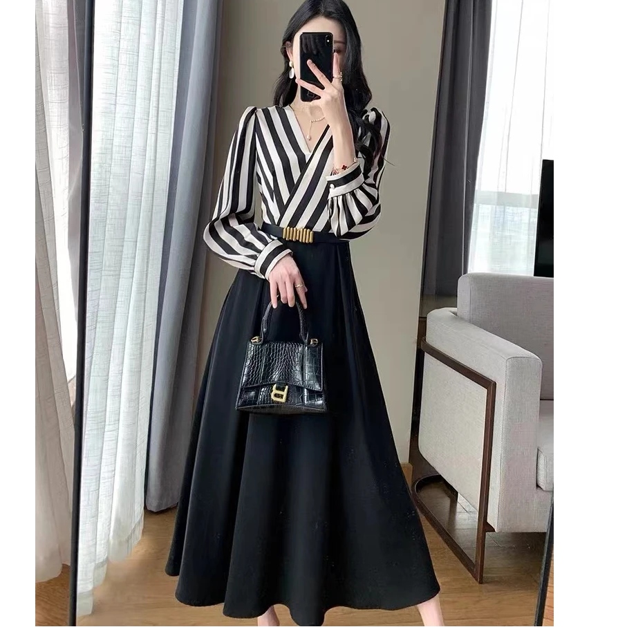 法式黑色条纹假两件V领气质过膝长袖大码连衣裙 8301