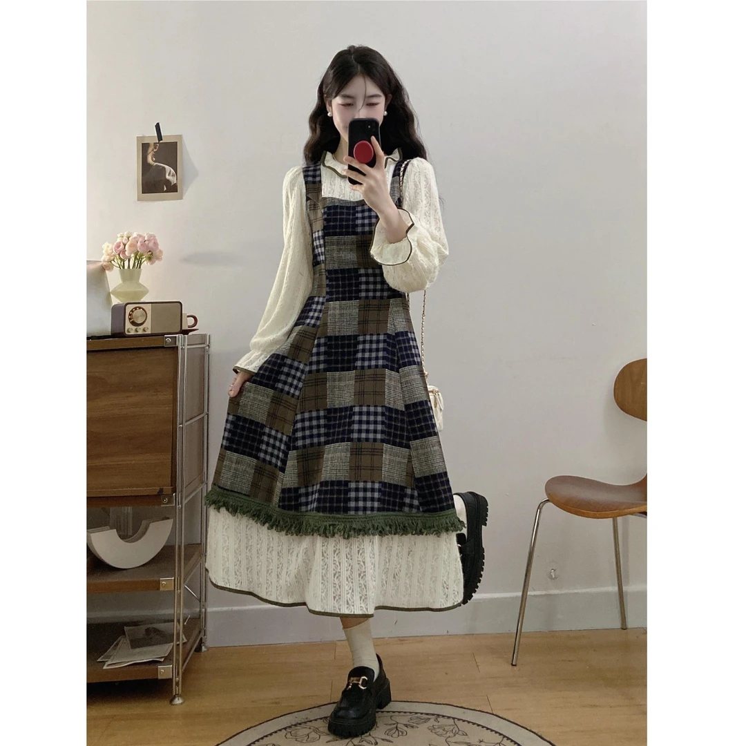 大码女装秋冬学院风文艺复古假两件拼接格子连衣裙6893