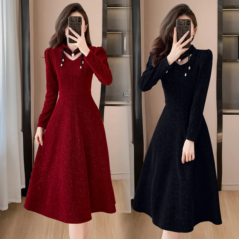 【有口袋】新中式盘扣显瘦秋冬新款大码法式长袖中长款连衣裙 9934