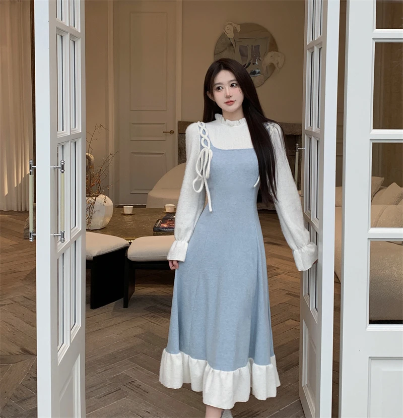 【长短款】秋冬设计感温柔风木耳边假两件拼接长裙显瘦连衣裙3023