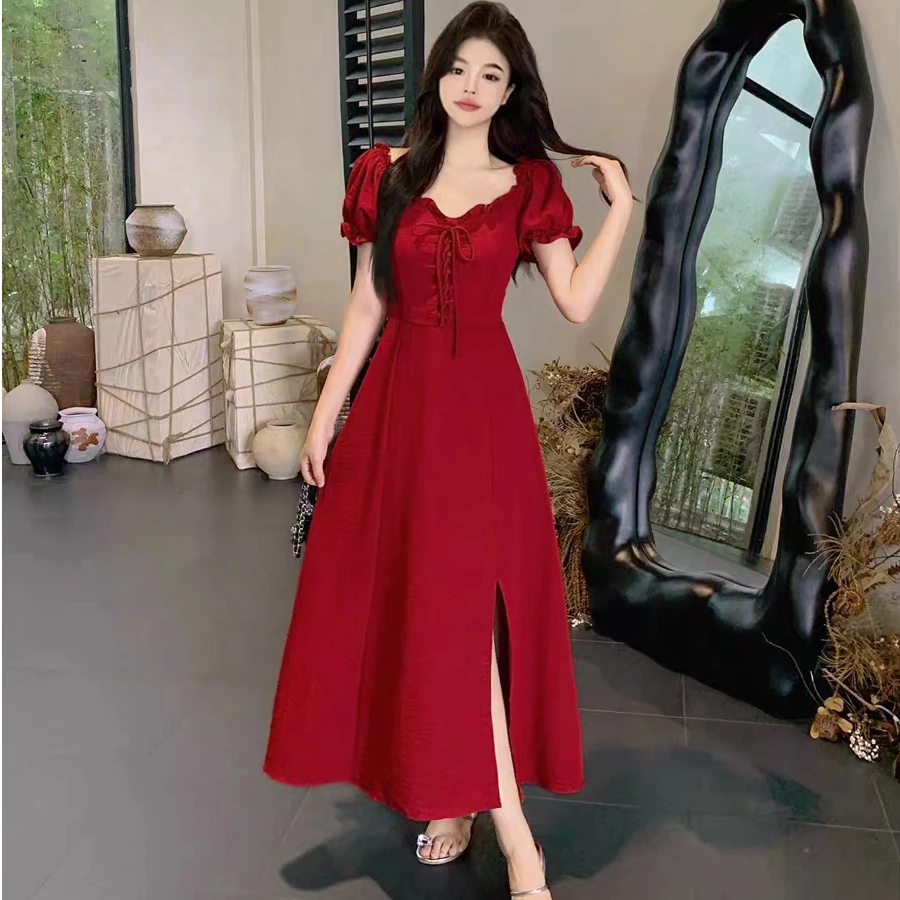 法式轻奢大码设计感纯欲收腰显瘦温柔气质系带连衣裙3566