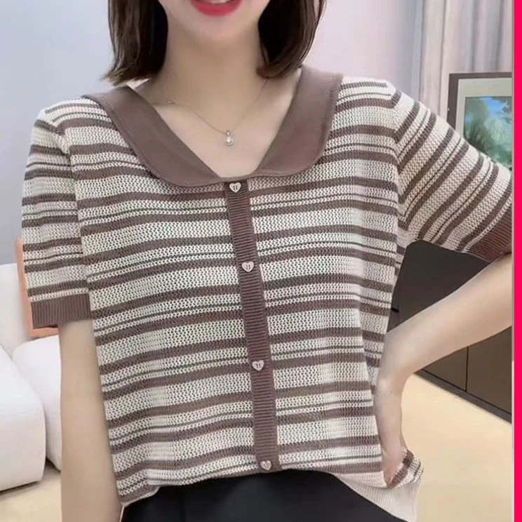 韩版大码女装洋气冰丝条纹娃娃领薄款针织衫2024夏季新款拼接上衣