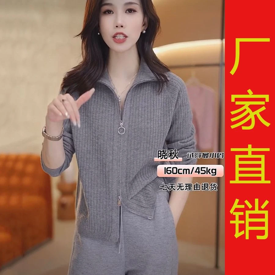 【厂家直销】时尚洋气秋冬新款韩系百搭翻领拉链长袖女开衫针织外套