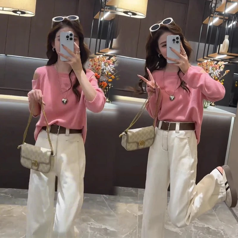 一整套入秋穿搭洋气甜美设计款露肩圆领针织衫上衣+休闲裤套装女