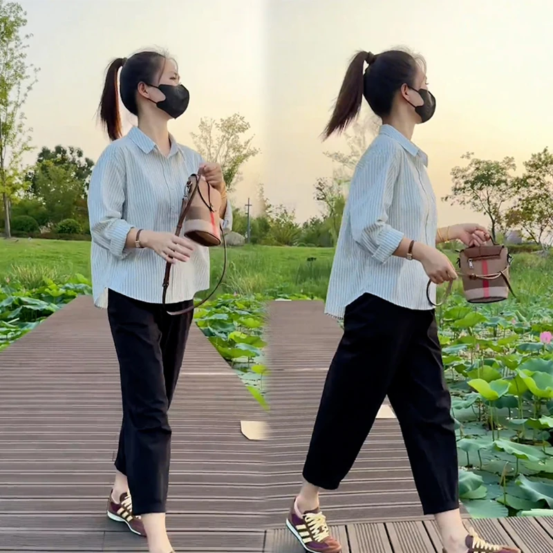 小个子洋气套装女装2024秋季新款气质翻领条纹衬衫休闲裤两件套潮