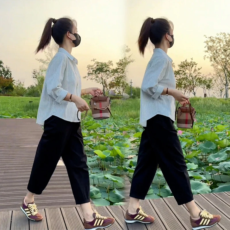 小个子洋气套装女装2024秋季新款气质翻领条纹衬衫休闲裤两件套潮
