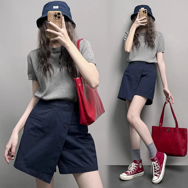 圆领短袖针织衫女2025年夏季新款宽松显瘦百搭上衣裙裤套装两件套