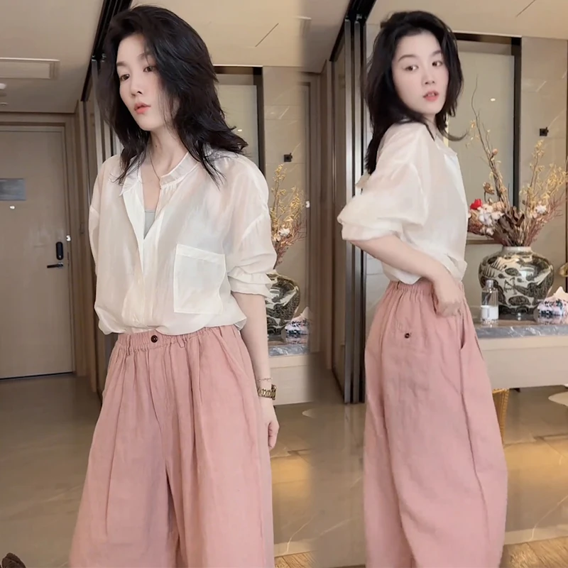 夏装搭配一整套松弛感气质韩版薄透长袖衬衫时尚显瘦阔腿裤两件套