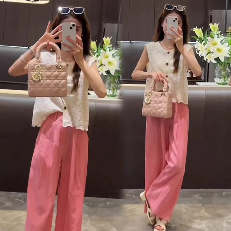 夏天搭配一整套时尚高级感蕾丝镂空背心女直筒显瘦休闲阔腿裤套装