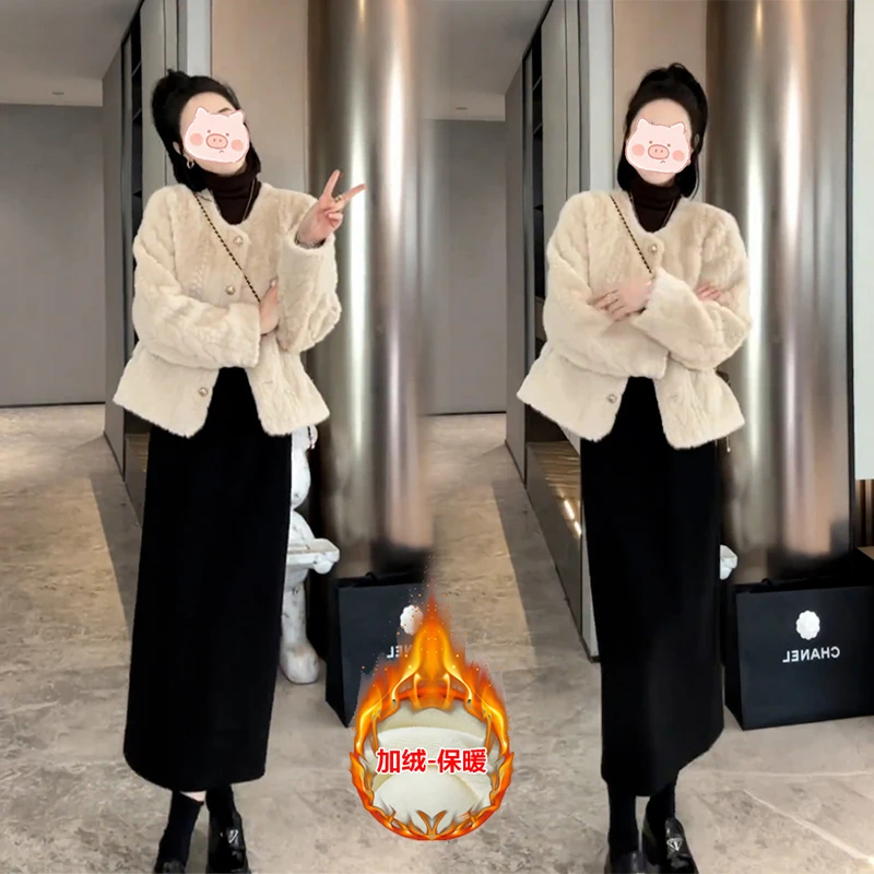 小香风套装2024新款爆款高级感温柔风加厚毛绒外套女半身裙两件套