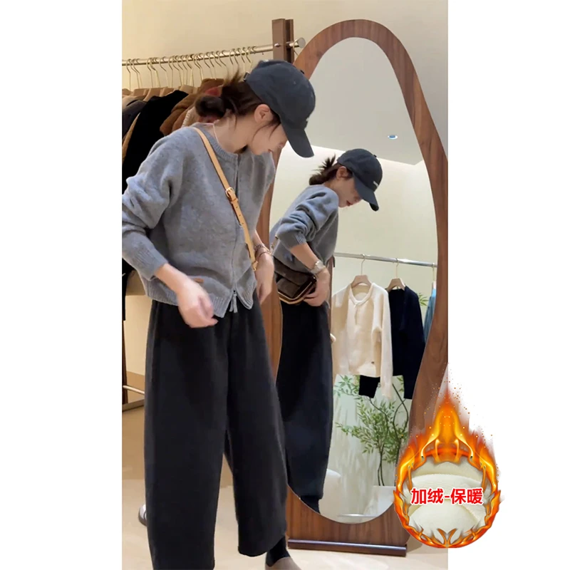 冬季穿搭一整套高级感双拉链开衫毛衣外套阔腿休闲裤洋气减龄套装