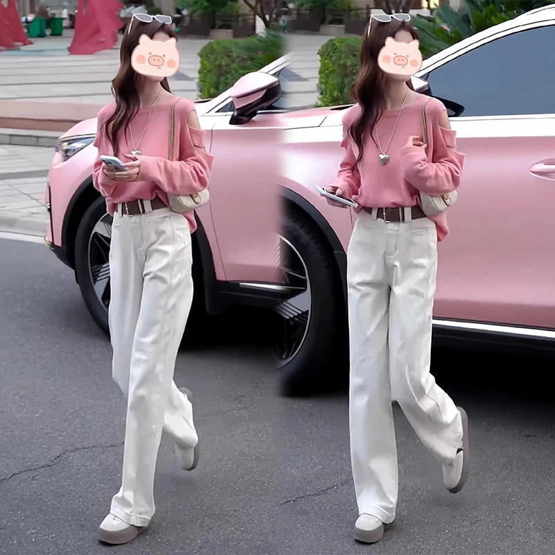 秋装女2024年新款时尚套装设计感露肩长袖针织衫直筒休闲裤两件套