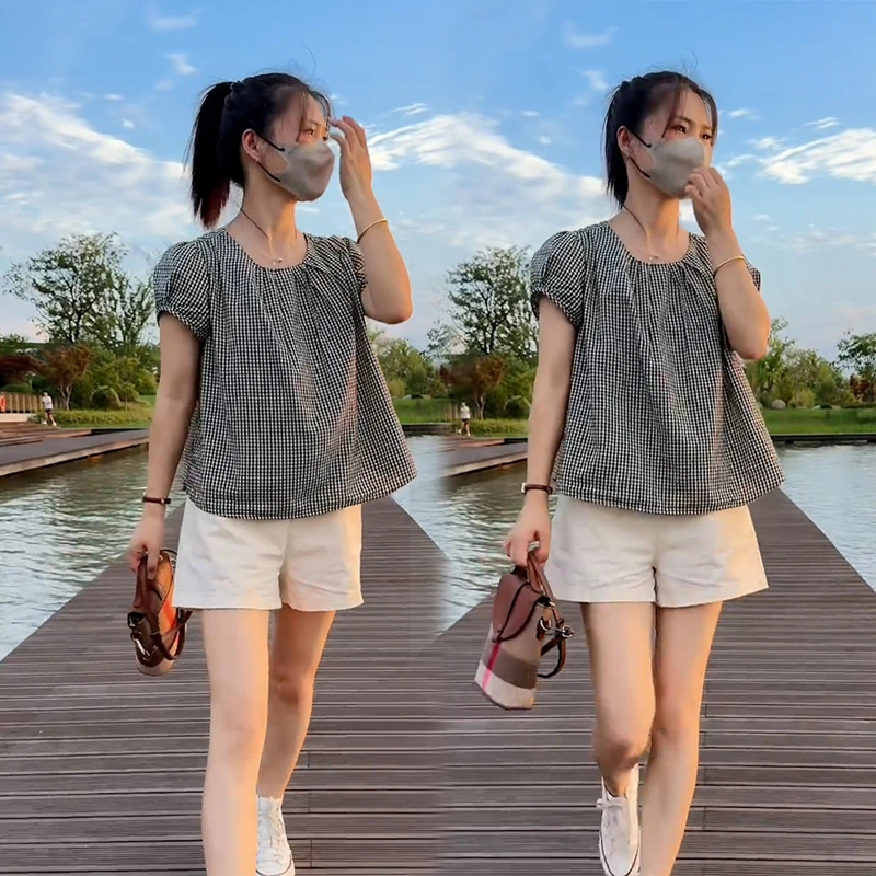 夏季新款高级感格子短袖上衣女高腰休闲短裤气质炸街减龄一整套装