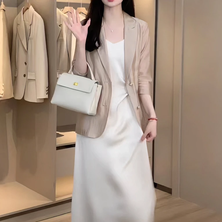 天丝西装外套女2025夏新款设计感七分袖薄款防晒气质休闲百搭上衣
