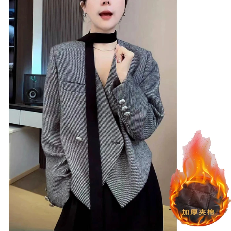【韵律】秋冬加棉时尚气质V领飘带设计感羊毛短款秋冬宽松西装外套