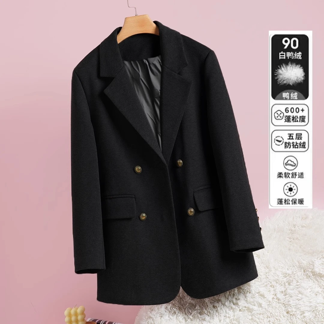 白鸭毛呢外套女加厚保暖2024秋冬季新款双排扣黑色西装呢子大衣