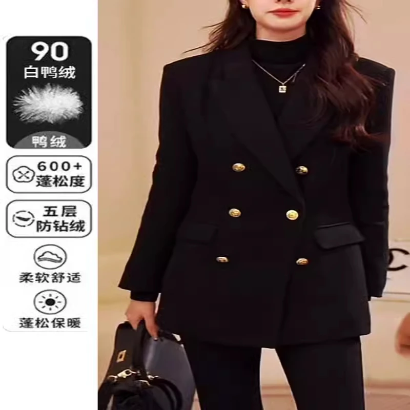 白鸭90绒毛呢西装外套女冬加厚2024新款高级感呢子大衣西服保暖