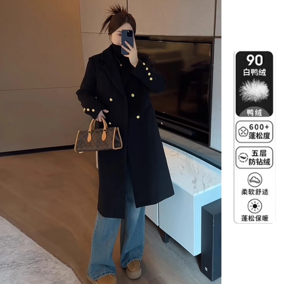 中长款韩版气质百搭毛呢大衣女秋冬季加厚保暖90白鸭绒西服外套
