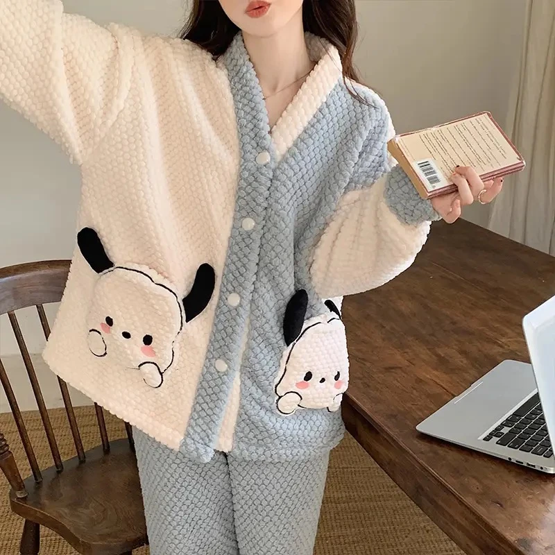 1801#珊瑚绒睡衣女冬季加绒加厚帕恰狗长袖开衫家居服套装