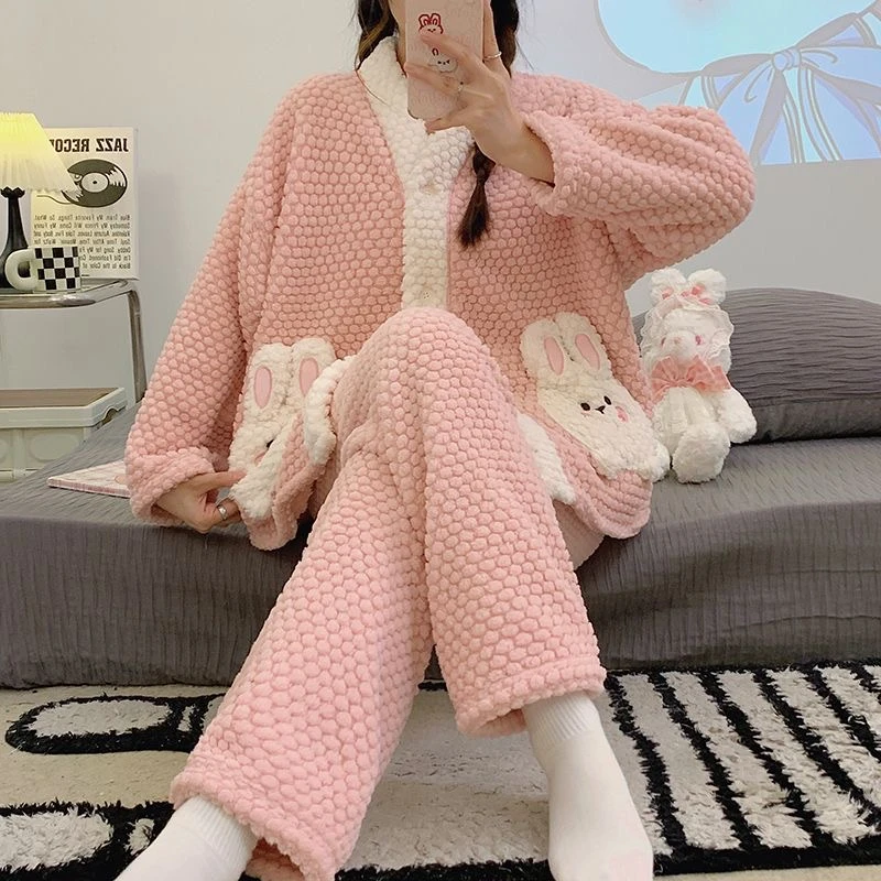 231#珊瑚绒睡衣女冬季加绒加厚玫瑰绒大白兔领长袖开衫家居服套装